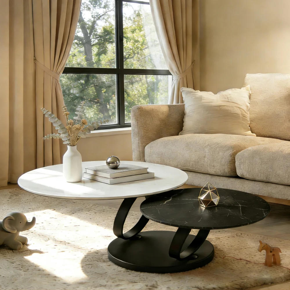 Round Nested Coffee Tables: White & Black Faux Marble, Black Metal Frame, Space-Saving
Round Nested Coffee Tables: White & Black Faux Marble, Black Metal Frame, Space-Saving