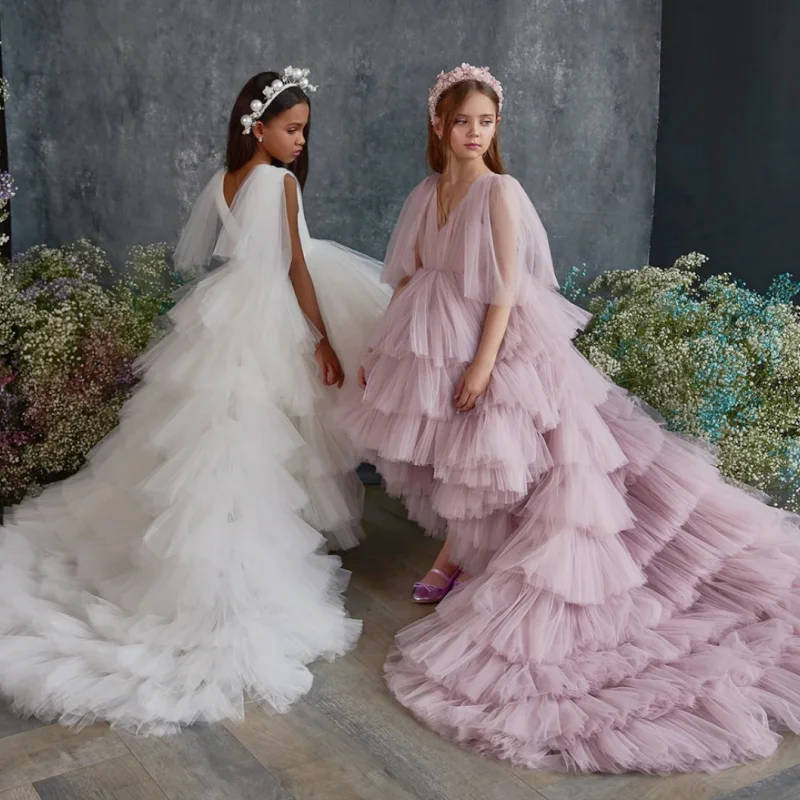 Flower Girl Dresses White And Pink Tulle Tiered With Long Tailing Short Sleeve For Wedding Birthday Party Banquet Princess Gowns
Flower Girl Dresses White And Pink Tulle Tiered With Long Tailing Short Sleeve For Wedding Birthday Party Banquet Princess Gowns