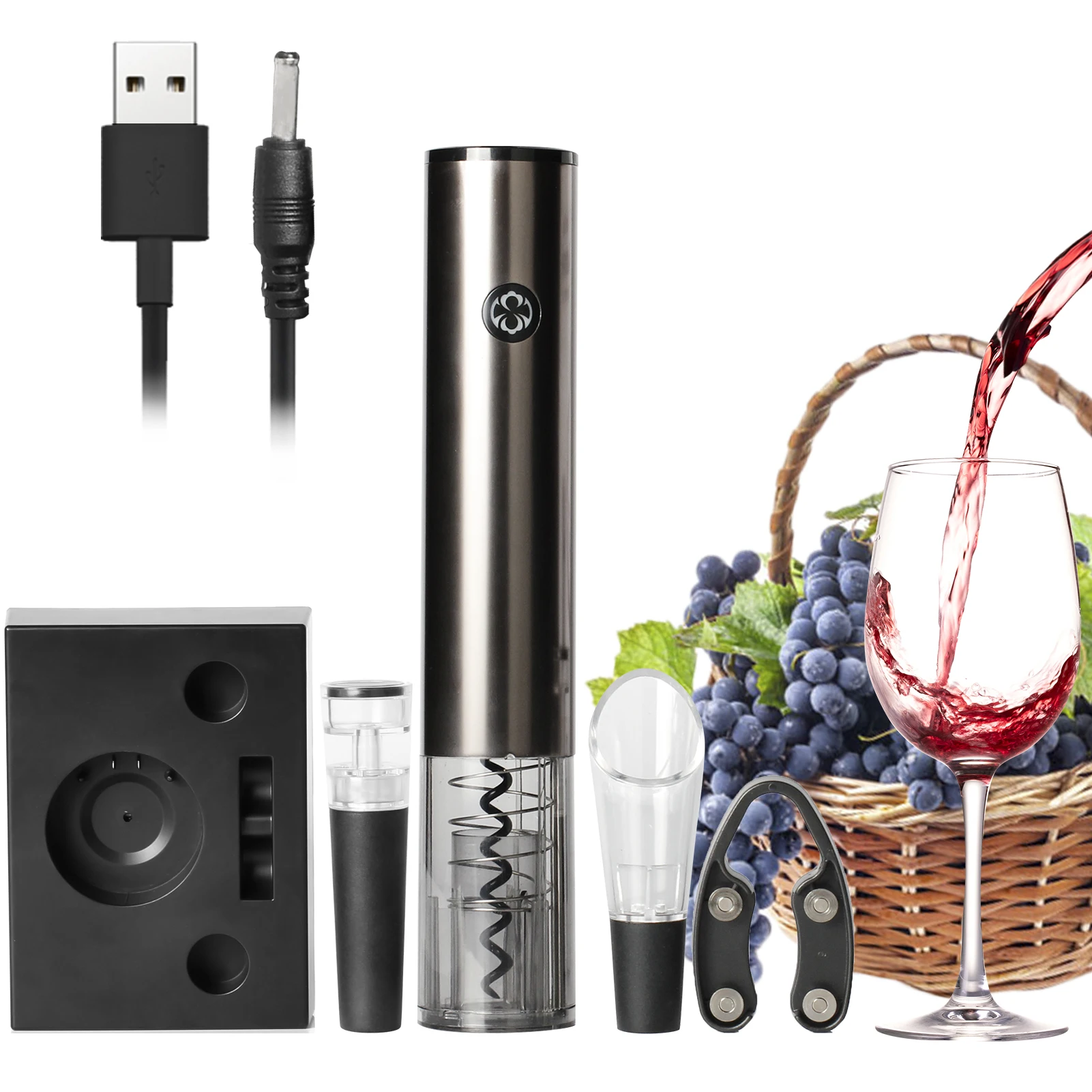 Bottle Opener Set Electric Wine Corkscrew with Vacuum Stopper Foil Cutter Charging Base Wine Opener for Home Kitchen Party Bar
Bottle Opener Set Electric Wine Corkscrew with Vacuum Stopper Foil Cutter Charging Base Wine Opener for Home Kitchen Party Bar