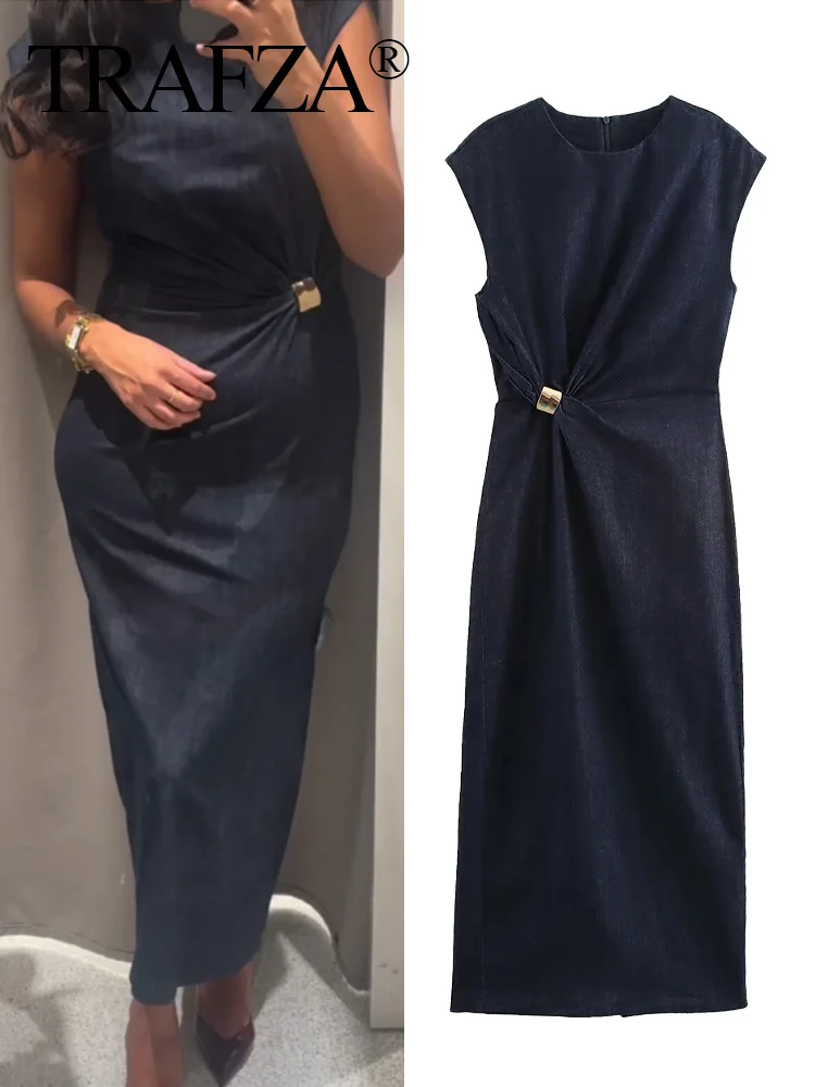 TRAFZA Women Summer Fashion Hem Slit Golden Inlay Design Round Collar Midi Dress Female Chic Back Zipper Denim Sleeveless Dress
TRAFZA Women Summer Fashion Hem Slit Golden Inlay Design Round Collar Midi Dress Female Chic Back Zipper Denim Sleeveless Dress
