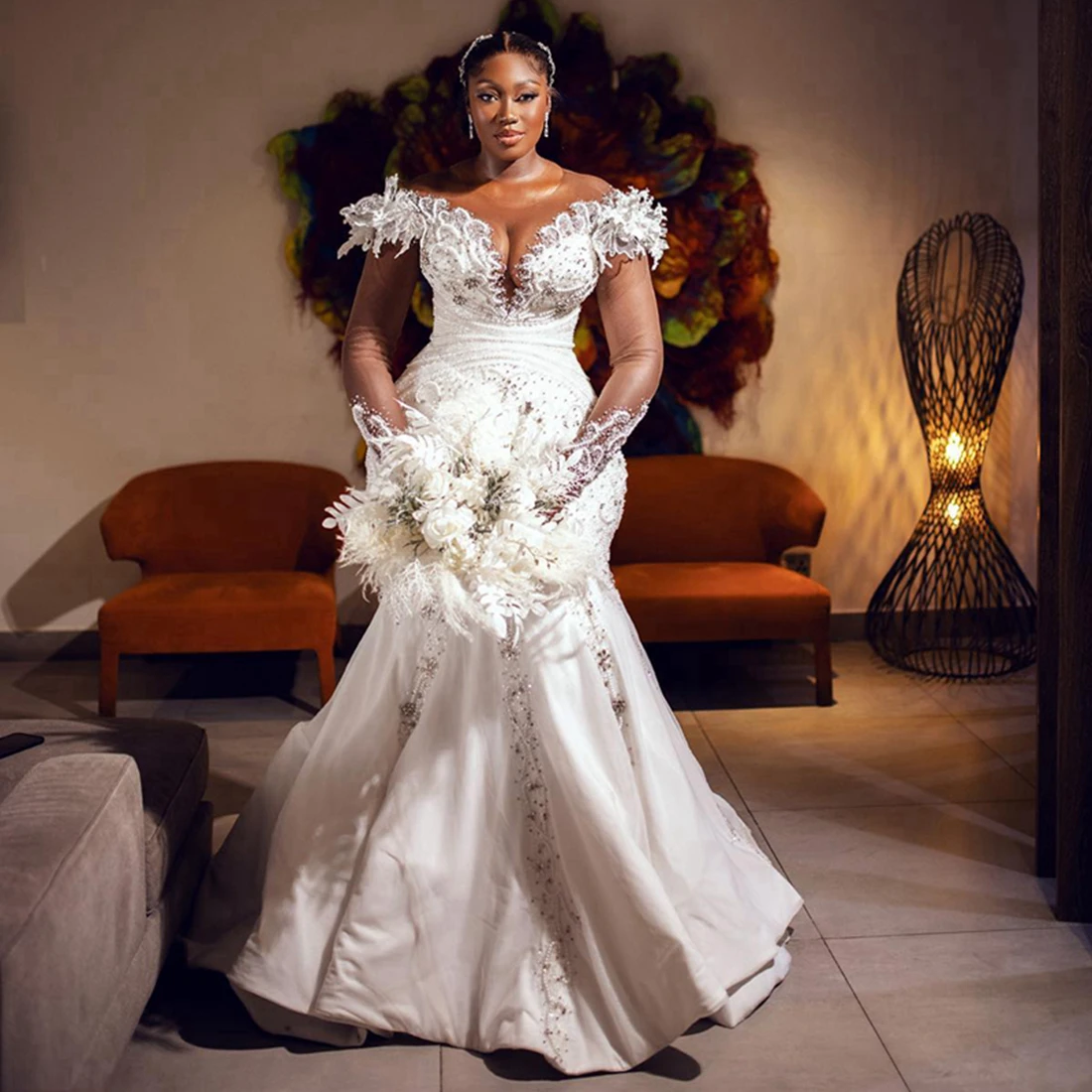 Customized African Shinny Crystals Beads Wedding Dress Robe De Mariée Sweep Train Sheer Neck Corset Back Garden Bridal Gowns
Customized African Shinny Crystals Beads Wedding Dress Robe De Mariée Sweep Train Sheer Neck Corset Back Garden Bridal Gowns