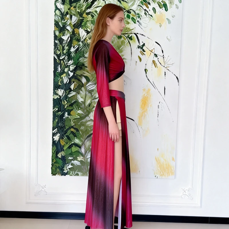 Новый женский костюм для восточных танцев с высокой талией и длинной юбкой с двойным разрезом - тренировочный костюм для танцев
Новый женский костюм для восточных танцев с высокой талией и длинной юбкой с двойным разрезом - тренировочный костюм для танцев