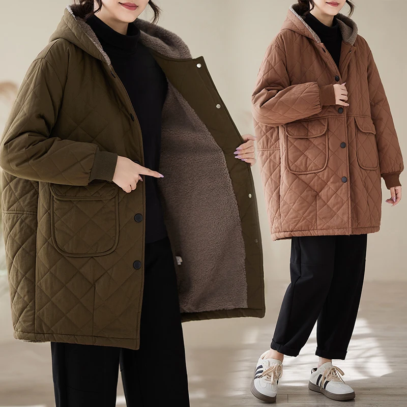 Женское стеганое теплое бархатное пальто средней длины с капюшоном Thiened Cotton Jaet, зимнее пальто в стиле ретро с одной пуговицей
Женское стеганое теплое бархатное пальто средней длины с капюшоном Thiened Cotton Jaet, зимнее пальто в стиле ретро с одной пуговицей