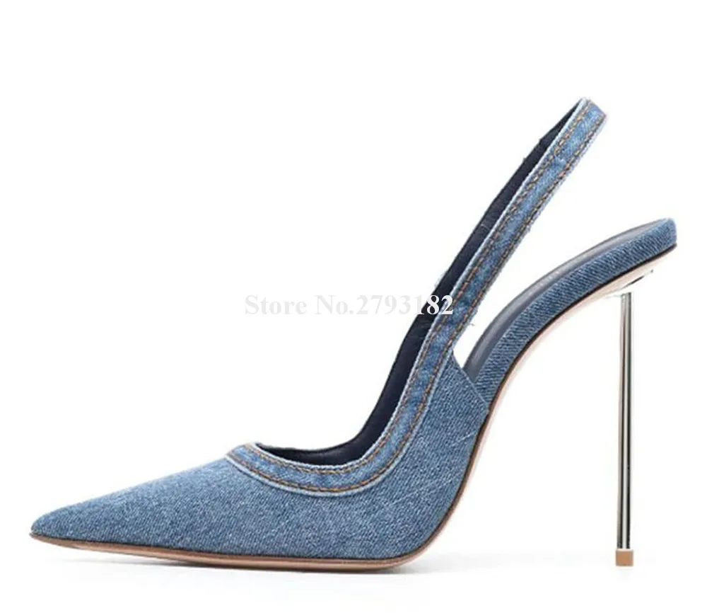Sexy Blue Denim Metal Stiletto Heel Pumps Pointed Toe Slip-on Thin Heel Dress Shoes Party Heels
Sexy Blue Denim Metal Stiletto Heel Pumps Pointed Toe Slip-on Thin Heel Dress Shoes Party Heels