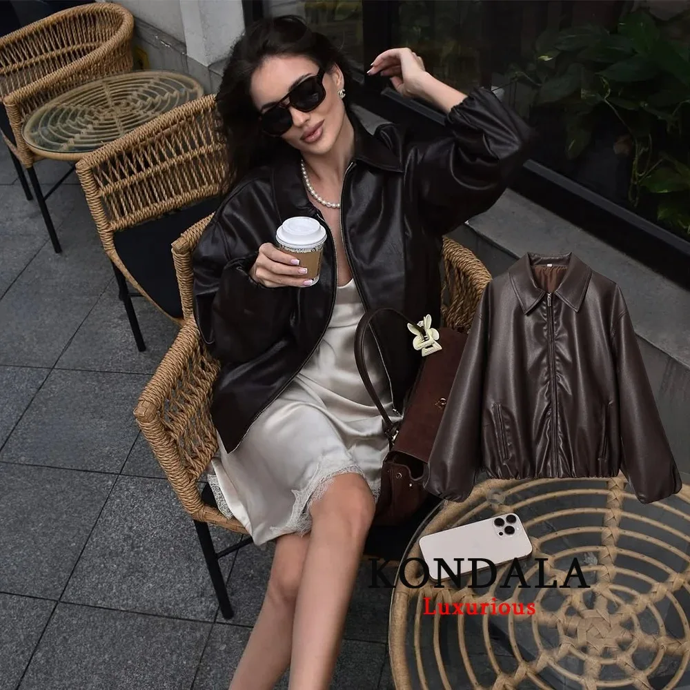 KONDALA уличная одежда шикарные коричневые кожаные куртки-бомберы женские свободные пальто на молнии с длинными рукавами модная осенняя верхняя одежда для девочек 2025
KONDALA уличная одежда шикарные коричневые кожаные куртки-бомберы женские свободные пальто на молнии с длинными рукавами модная осенняя верхняя одежда для девочек 2025