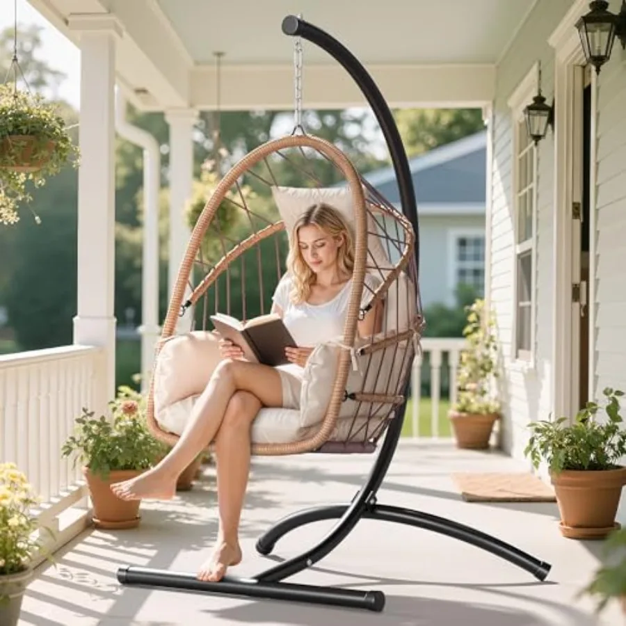 Hanging Egg Chair with Stand, Wicker Rattan Egg Swing Chair with 360° Swivel, Cushions, Strong Frame with 330 lbs of Support fo
Hanging Egg Chair with Stand, Wicker Rattan Egg Swing Chair with 360° Swivel, Cushions, Strong Frame with 330 lbs of Support fo