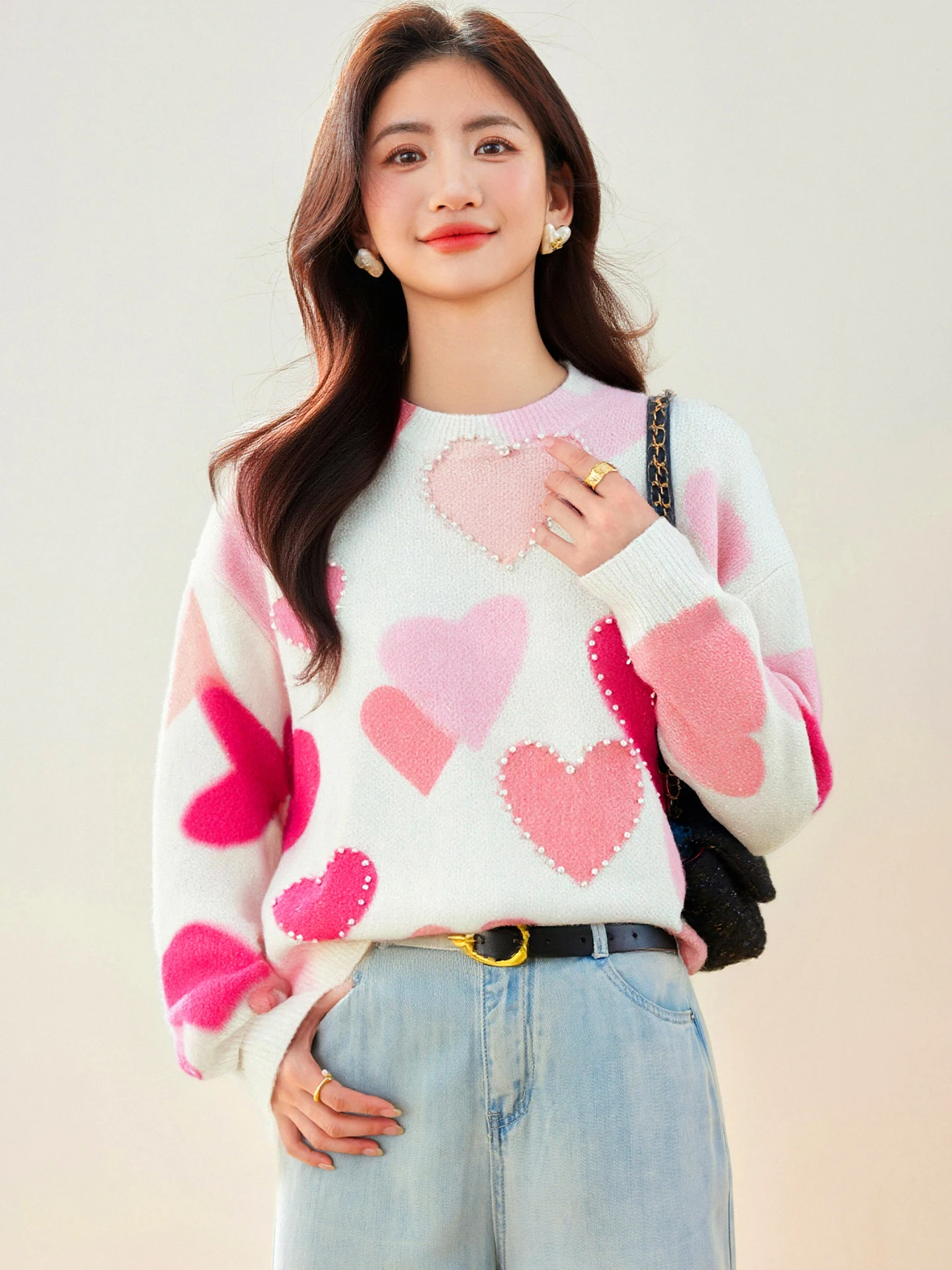 Sweet Heart-Shaped Beaded Jacquard Sweater For Women New Fall/Winter O-neck Long Sleeve Loose Pullover Sweet Knitted Tops
Sweet Heart-Shaped Beaded Jacquard Sweater For Women New Fall/Winter O-neck Long Sleeve Loose Pullover Sweet Knitted Tops