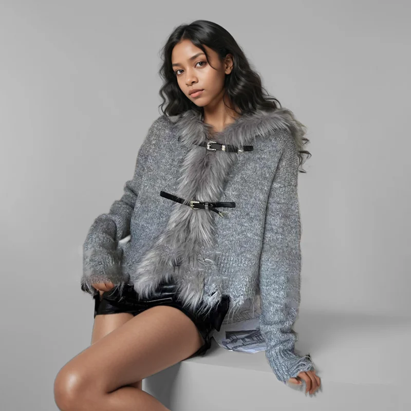 WTHT Fashion Women's Double Belt Buckle Plush Edge Design Hooded Knit Cardigan 2024 Autumn Long Sleeves Sweater Female 1LS205
WTHT Fashion Women's Double Belt Buckle Plush Edge Design Hooded Knit Cardigan 2024 Autumn Long Sleeves Sweater Female 1LS205