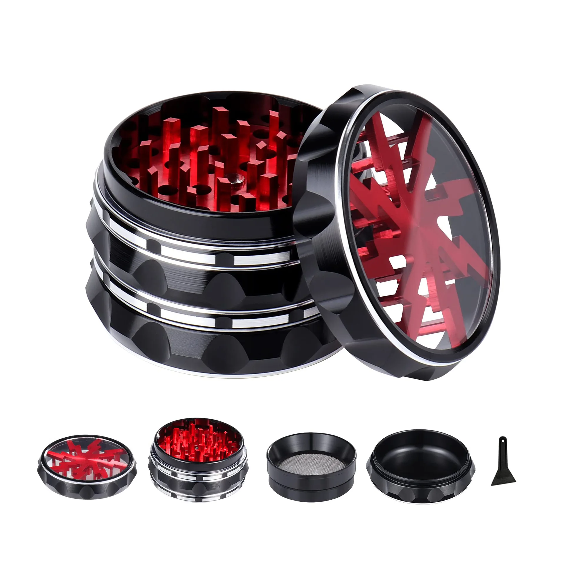 Internal Tooth Lightning Grind Smoke Device 63MM Four-Layer Transparent Top Cover Striped Zinc Alloy Metal Grinder Grinder
Internal Tooth Lightning Grind Smoke Device 63MM Four-Layer Transparent Top Cover Striped Zinc Alloy Metal Grinder Grinder