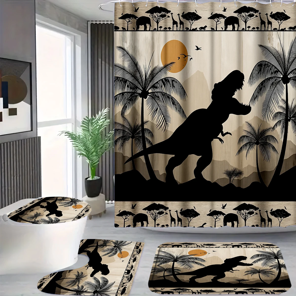 4Pcs Safari Dinosaur Shower Curtain Set with Hooks, Rustic Woodland T-Rex Print Waterproof Mildew Resistant Fabric Bath Mat for Family Bathroom Home Decor
4Pcs Safari Dinosaur Shower Curtain Set with Hooks, Rustic Woodland T-Rex Print Waterproof Mildew Resistant Fabric Bath Mat for Family Bathroom Home Decor