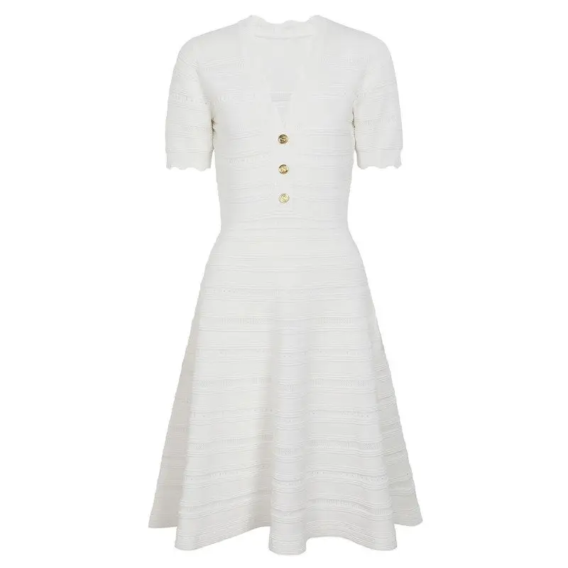 Elegant High-Quality Summer New Style Slimming Fashionable Short-Sleeve V-Neck Stripe Dress Women's Knitted Bodycon Dress
Elegant High-Quality Summer New Style Slimming Fashionable Short-Sleeve V-Neck Stripe Dress Women's Knitted Bodycon Dress