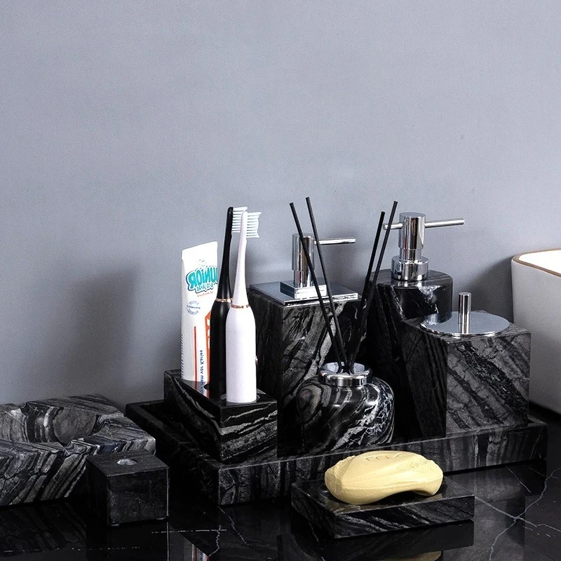 Набор для ванной комнаты из древнего дерева и мрамора - роскошь в стиле ретро | Дозатор для мыла, держатель для зубных щеток и антикварный поднос 
Набор для ванной комнаты из древнего дерева и мрамора - роскошь в стиле ретро | Дозатор для мыла, держатель для зубных щеток и антикварный поднос