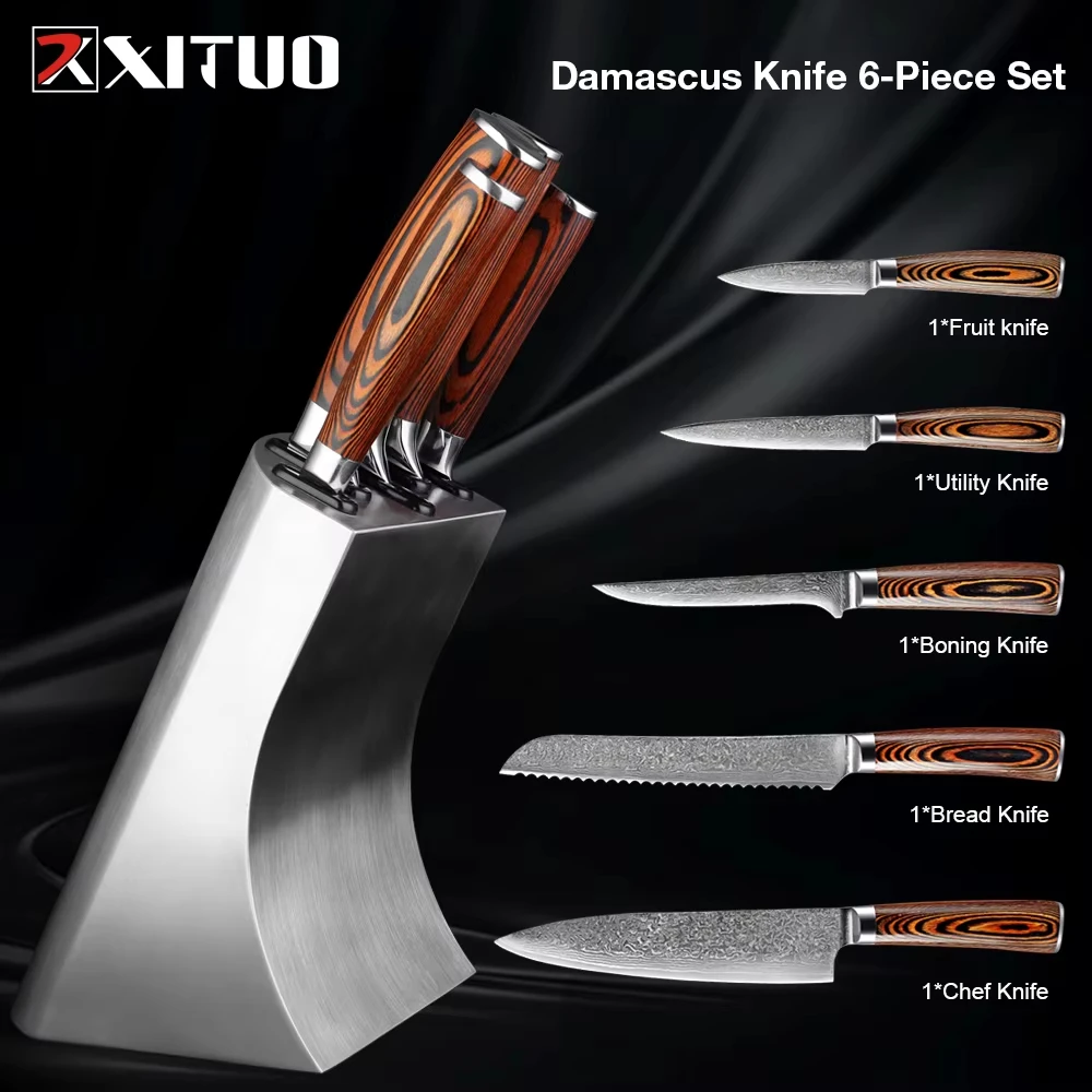 XITUO 1-5Pcs Kitchen Knife Set Japan Damascus Steel Chef's Knife Serrated Sharp Bread Knife with Stainless Steel Knife Holder
XITUO 1-5Pcs Kitchen Knife Set Japan Damascus Steel Chef's Knife Serrated Sharp Bread Knife with Stainless Steel Knife Holder