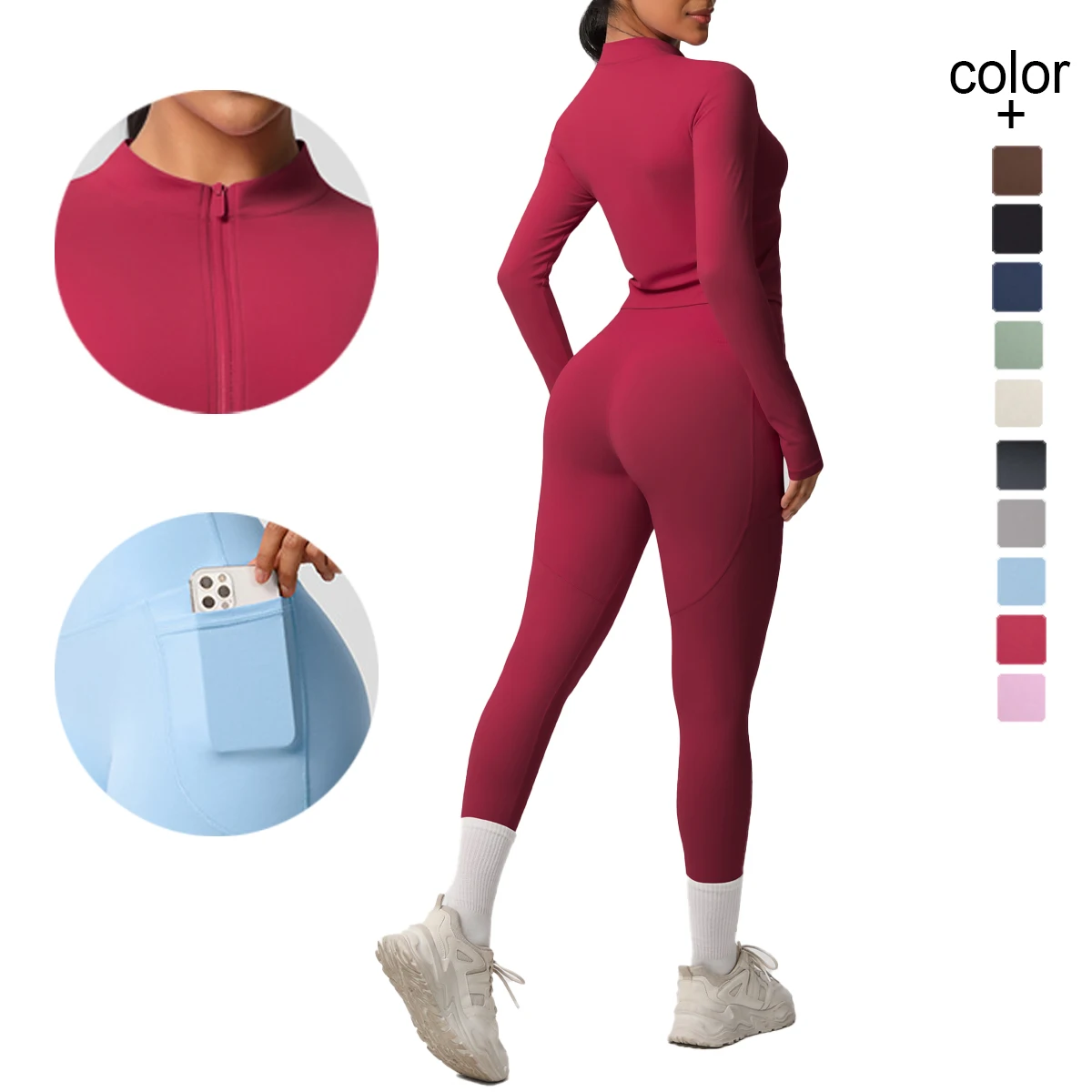 Solid Color Zipper Long Sleeved Jacket Pants Set for Woman High Waist Yoga Pants with Pockets Scrunch Sports Fitness Clothing
Solid Color Zipper Long Sleeved Jacket Pants Set for Woman High Waist Yoga Pants with Pockets Scrunch Sports Fitness Clothing