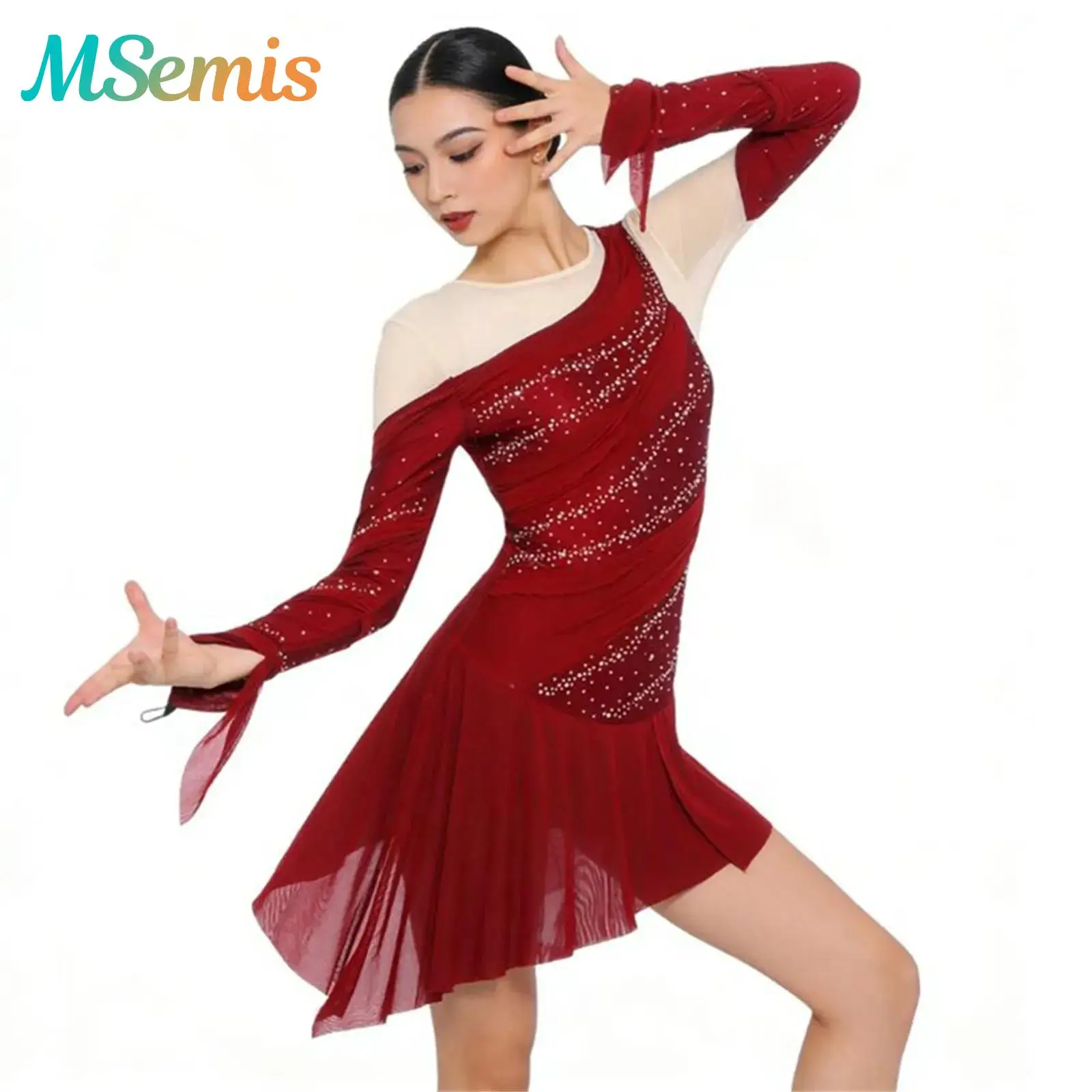 Womens Ruched Rhinestones Gymnastics Figure Skating Ballet Latin Dance Bodysuit Dress Costume Backless Irregular Mesh Hem Dress
Womens Ruched Rhinestones Gymnastics Figure Skating Ballet Latin Dance Bodysuit Dress Costume Backless Irregular Mesh Hem Dress