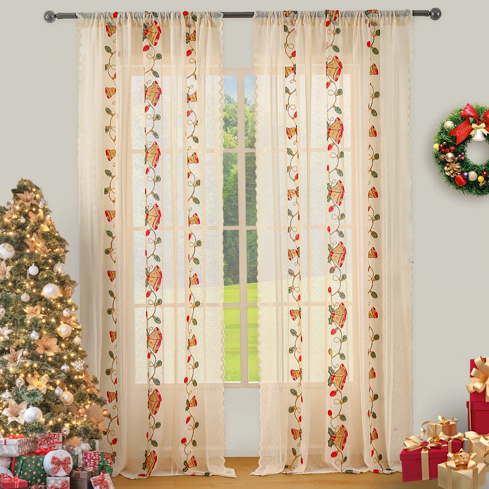 Curtain Bells Embroidered Lace for Christmas Window Curtains American Style Apricot Treatment for Party Drape Bedroom Decoration
Curtain Bells Embroidered Lace for Christmas Window Curtains American Style Apricot Treatment for Party Drape Bedroom Decoration