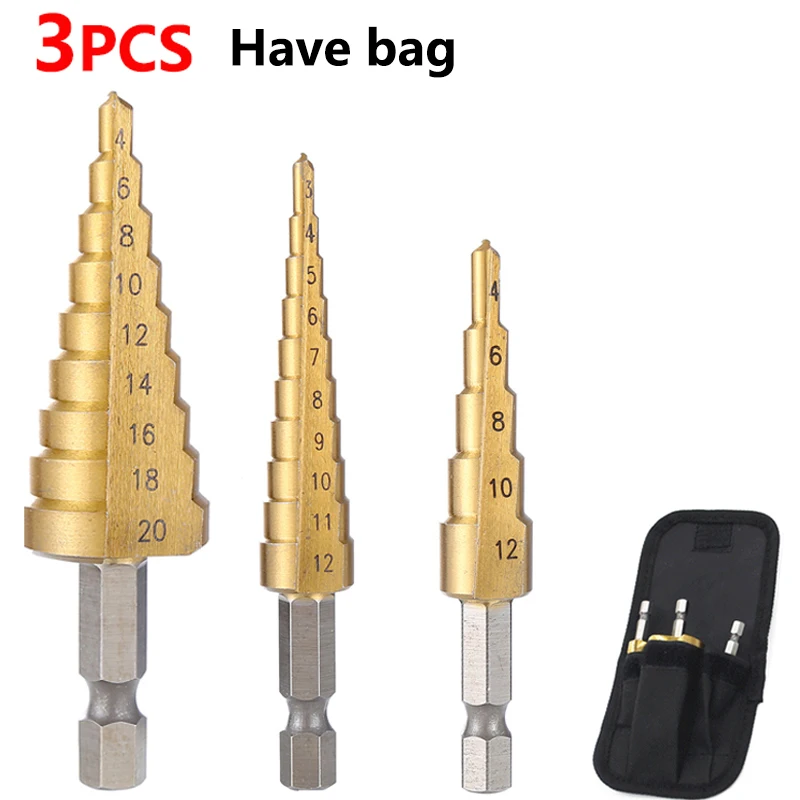3Pcs Metric Hex Shank Step Drill Bit Set HSS Titanium Coated Cone Drill for Metal Hole Punching Ladder Reamer Tool Kit in Fabric
3Pcs Metric Hex Shank Step Drill Bit Set HSS Titanium Coated Cone Drill for Metal Hole Punching Ladder Reamer Tool Kit in Fabric