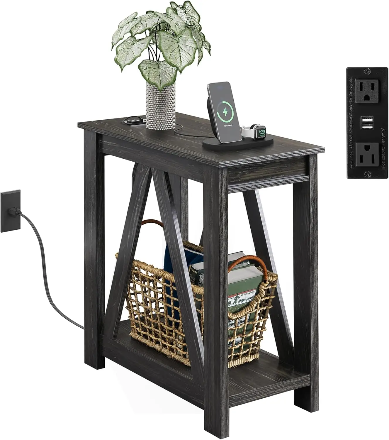 Narrow Black End Table with Charging Station of Open Storage Shelf, Sofa Side Table with 2 USB Ports and 2 Power Outlets, Sli
Narrow Black End Table with Charging Station of Open Storage Shelf, Sofa Side Table with 2 USB Ports and 2 Power Outlets, Sli
