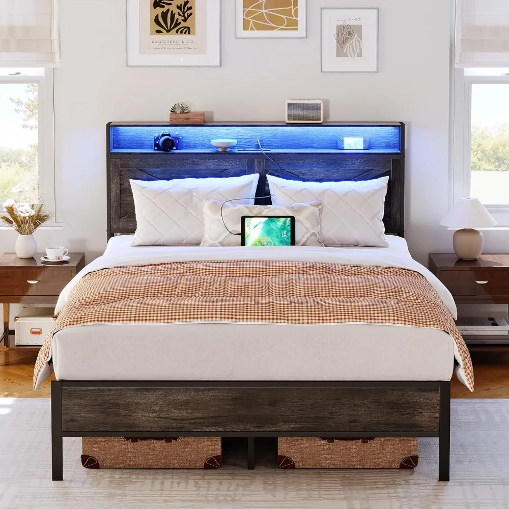 Bed Frame, Bed Frame with Charging Station and LED Lights, Headboard with 2-Tier Shelves, Heavy Duty Bed, Easy Assembly
Bed Frame, Bed Frame with Charging Station and LED Lights, Headboard with 2-Tier Shelves, Heavy Duty Bed, Easy Assembly