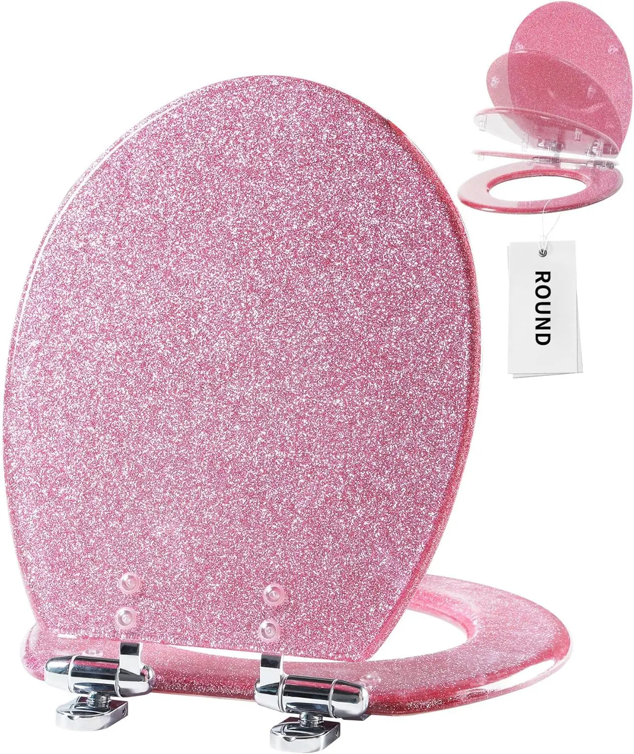 Pink Glitter Resin Toilet Seat, Soft Close Quick Release Adjustable Hinge, Easy Install & Clean, Round 17 Inch
Pink Glitter Resin Toilet Seat, Soft Close Quick Release Adjustable Hinge, Easy Install & Clean, Round 17 Inch