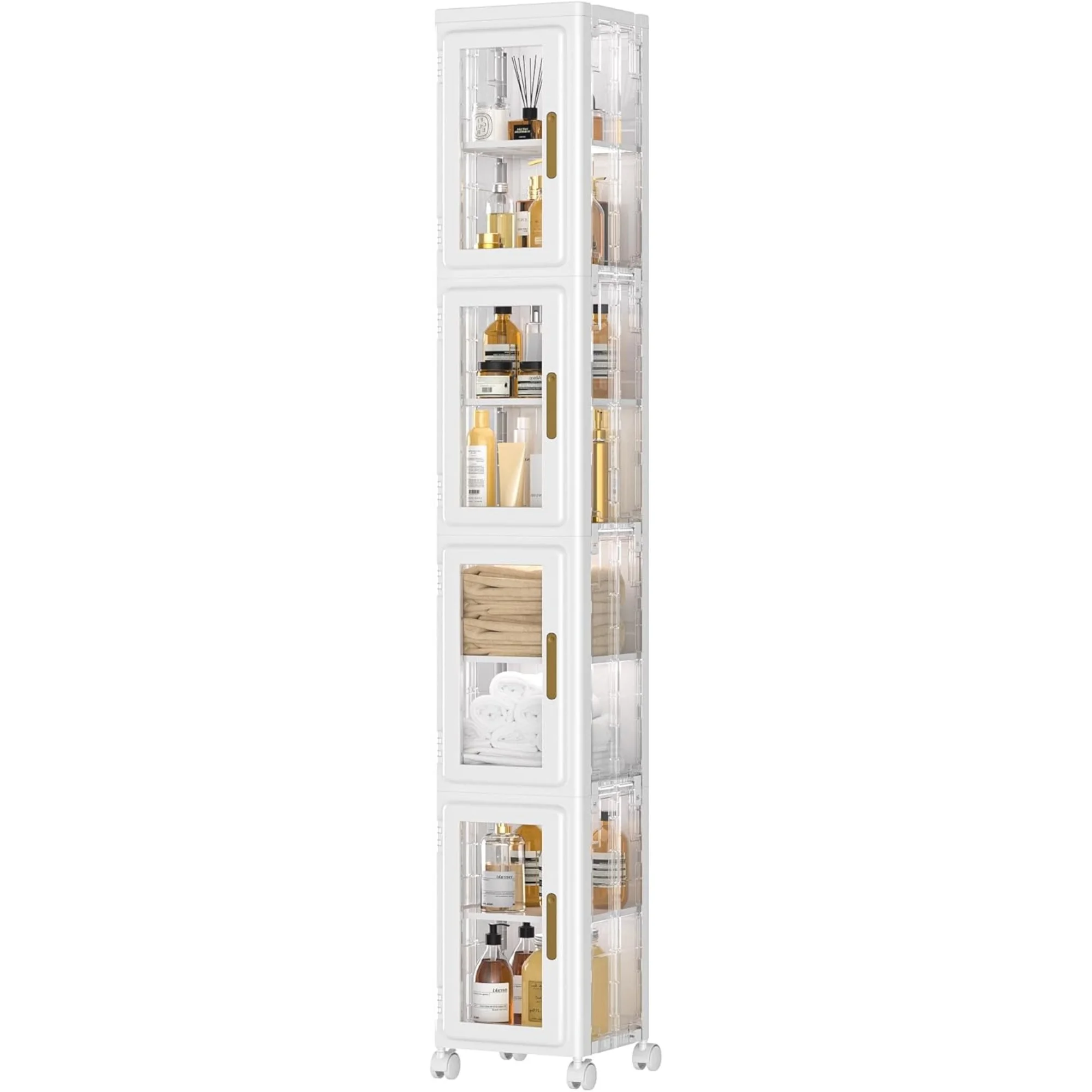 4 Tier Tall Plastic Slim Storage Cabinet with Lockable Wheels, Adjustable Shelves, Anti-Tip for Bathroom, Living Room, Laundry Room, Kitchen, Narrow/Small Space, Easy Assembly, Clear
4 Tier Tall Plastic Slim Storage Cabinet with Lockable Wheels, Adjustable Shelves, Anti-Tip for Bathroom, Living Room, Laundry Room, Kitchen, Narrow/Small Space, Easy Assembly, Clear