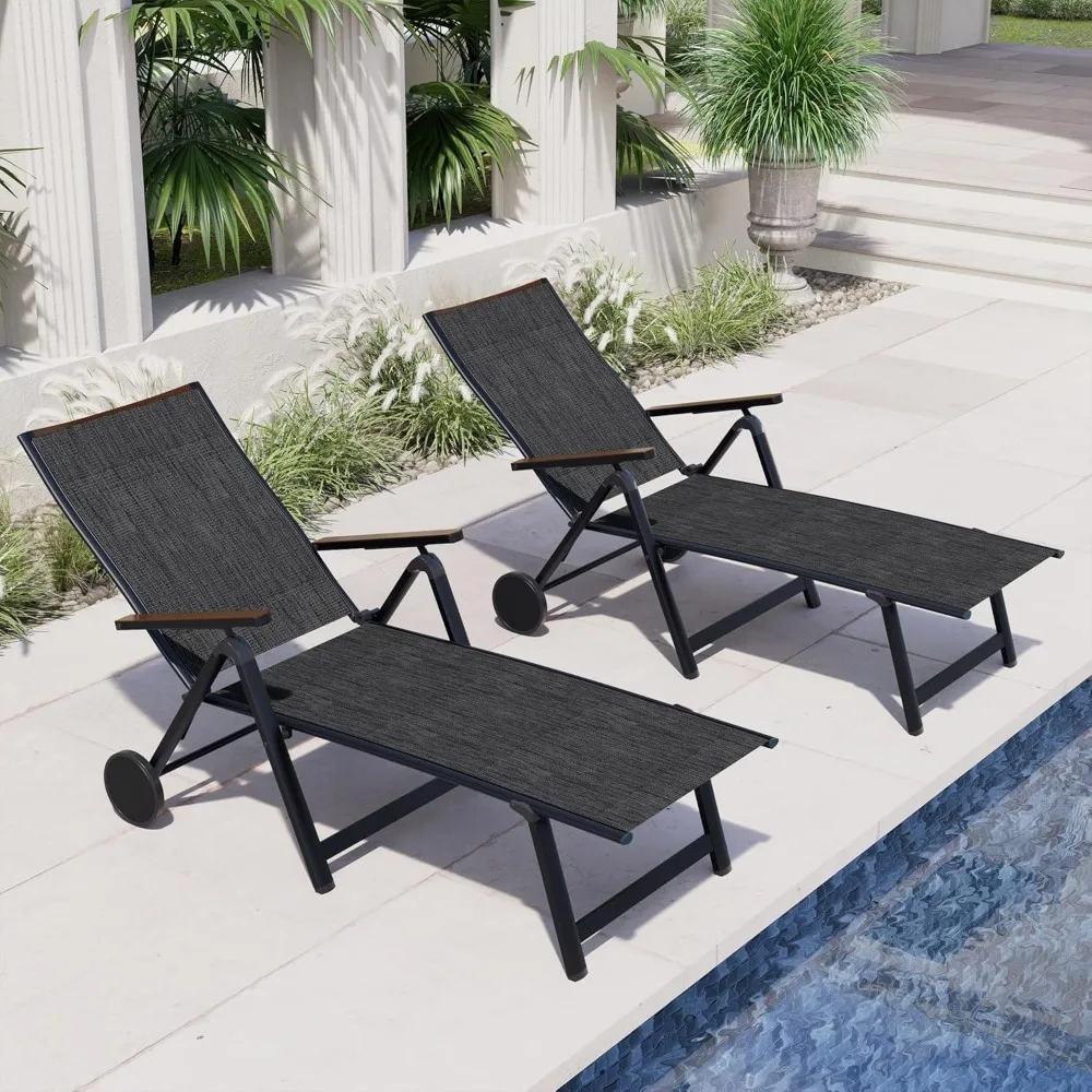 Outdoor Chaise Lounge Chair Set of 2 with 6-Position Adjustable Sling Backrest, Aluminum Folding Portable Wood Grain Chair
Outdoor Chaise Lounge Chair Set of 2 with 6-Position Adjustable Sling Backrest, Aluminum Folding Portable Wood Grain Chair