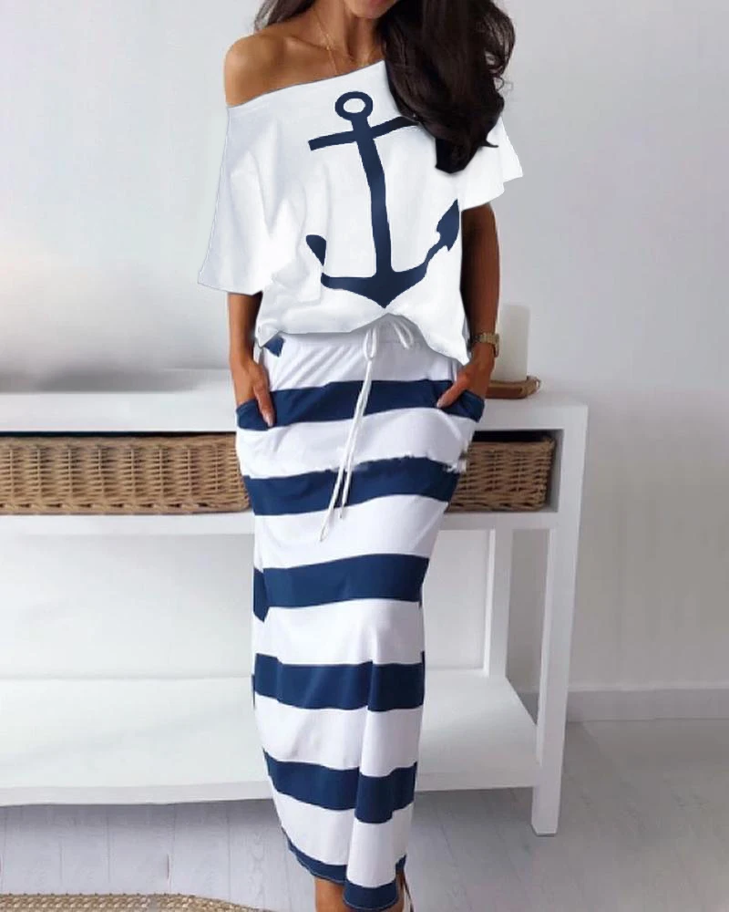 Plus Size Elegant Women's Skirt Set Boat Anchor Print Short Sleeve T-Shirt+ Strip Slim Fit Skirt Skirt Two Piece Set Tracksuit
Plus Size Elegant Women's Skirt Set Boat Anchor Print Short Sleeve T-Shirt+ Strip Slim Fit Skirt Skirt Two Piece Set Tracksuit