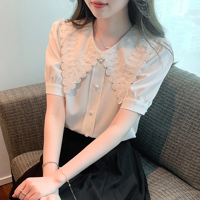 Korean Sle Loose Fit ort Sve Doll Collar Women's Chiffon irt Design Sensation Top Lady's Blouse Summer Faion
Korean Sle Loose Fit ort Sve Doll Collar Women's Chiffon irt Design Sensation Top Lady's Blouse Summer Faion