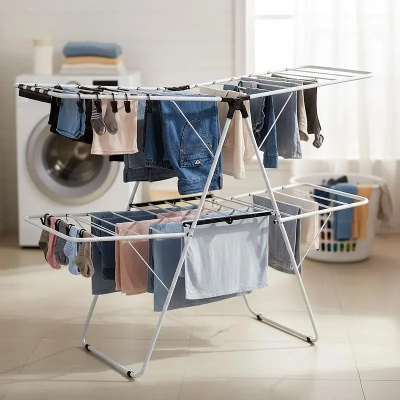 2-Tier Foldable Clothes Drying Rack with Adjustable Gullwing
2-Tier Foldable Clothes Drying Rack with Adjustable Gullwing