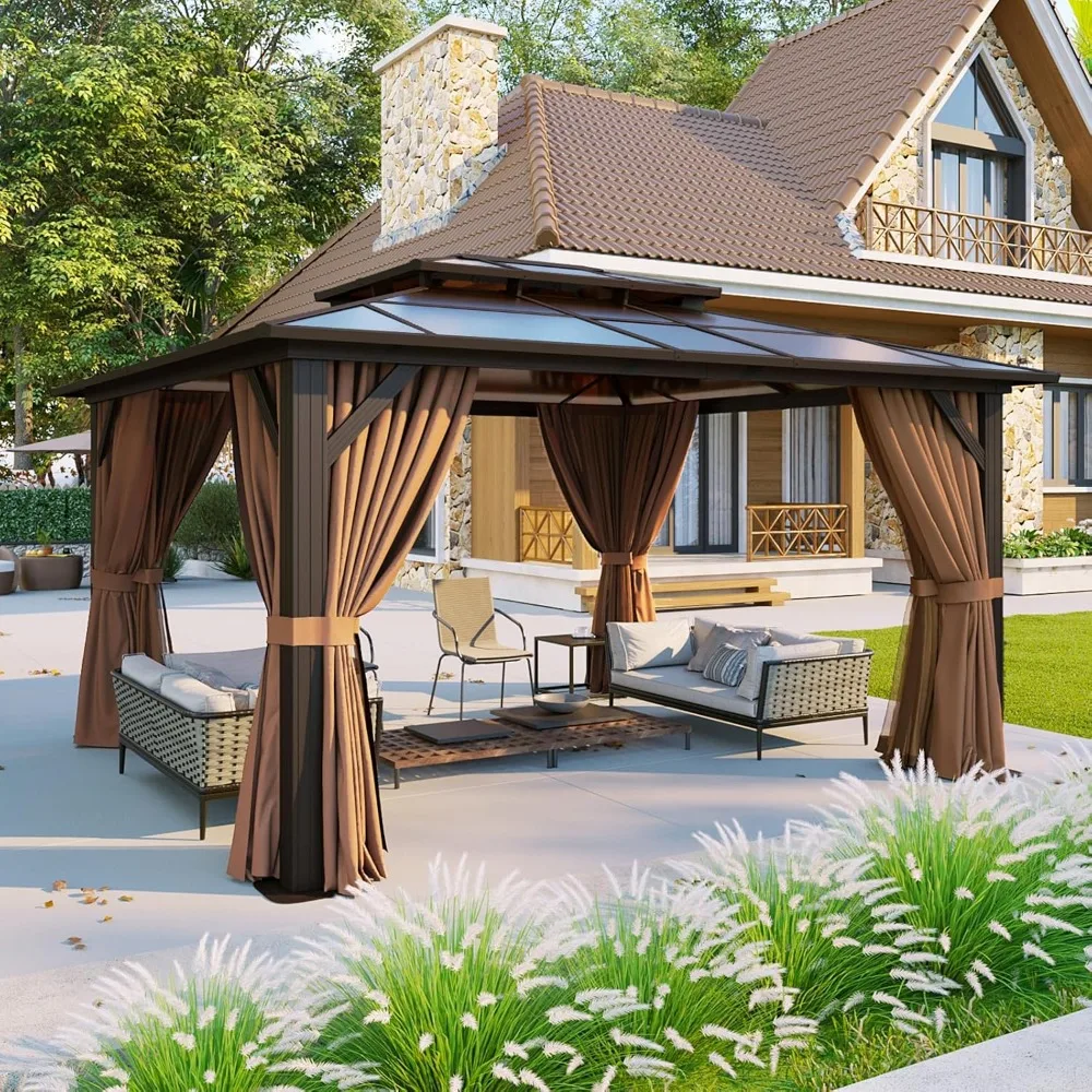 12'x10' Hardtop Gazebo, Aluminum Frame Permanent Pavilion with and Netting, Outdoor Polycarbonate Double Roof Canopy,
12'x10' Hardtop Gazebo, Aluminum Frame Permanent Pavilion with and Netting, Outdoor Polycarbonate Double Roof Canopy,