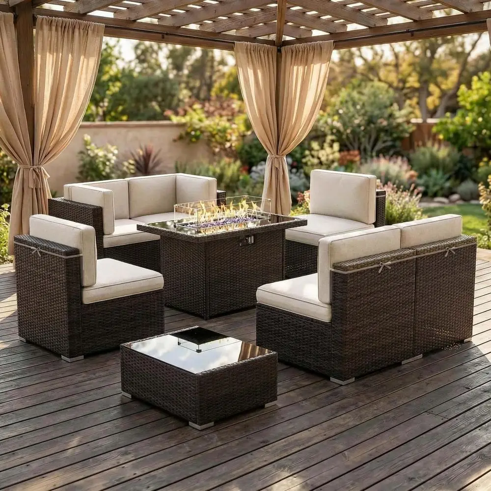 8-Piece Outdoor Patio Furniture Set with 44 Gas Fire Pit, Brown Rattan Wicker Sofa Sectional with Coffee Table
8-Piece Outdoor Patio Furniture Set with 44 Gas Fire Pit, Brown Rattan Wicker Sofa Sectional with Coffee Table