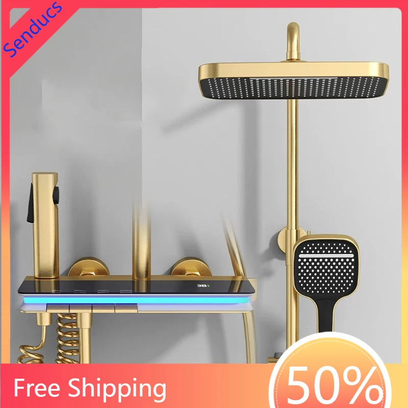 Brushed Gold Piano Digital Bathroom Shower Set Copper Brass Hot Cold Bathroom Faucets Ambient Light Digital Piano Shower System
Brushed Gold Piano Digital Bathroom Shower Set Copper Brass Hot Cold Bathroom Faucets Ambient Light Digital Piano Shower System