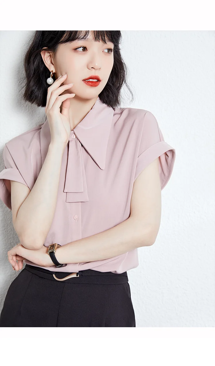 Solid Color Chiffon Shirt with Wide Sleeves and Ribbon, Korean Style French Fashion High-End Professional Short-Sleeved Shirt, White/Pink Purple/Apricot Slightly Loose
Solid Color Chiffon Shirt with Wide Sleeves and Ribbon, Korean Style French Fashion High-End Professional Short-Sleeved Shirt, White/Pink Purple/Apricot Slightly Loose