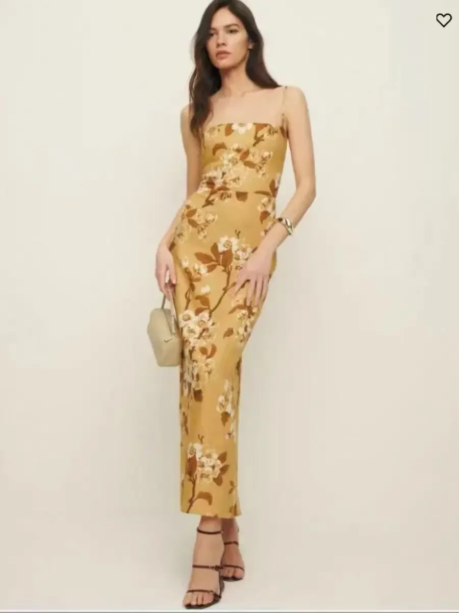 

French style floral linen slit backless retro printed camisole dress