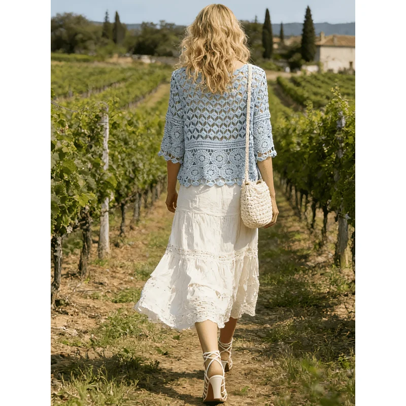 Women Round Neck Floral Crochet Cardigan Three Quarter Sleeve Scalloped Hem Hollow Open Knit Boho Cropped Layering Top
Women Round Neck Floral Crochet Cardigan Three Quarter Sleeve Scalloped Hem Hollow Open Knit Boho Cropped Layering Top