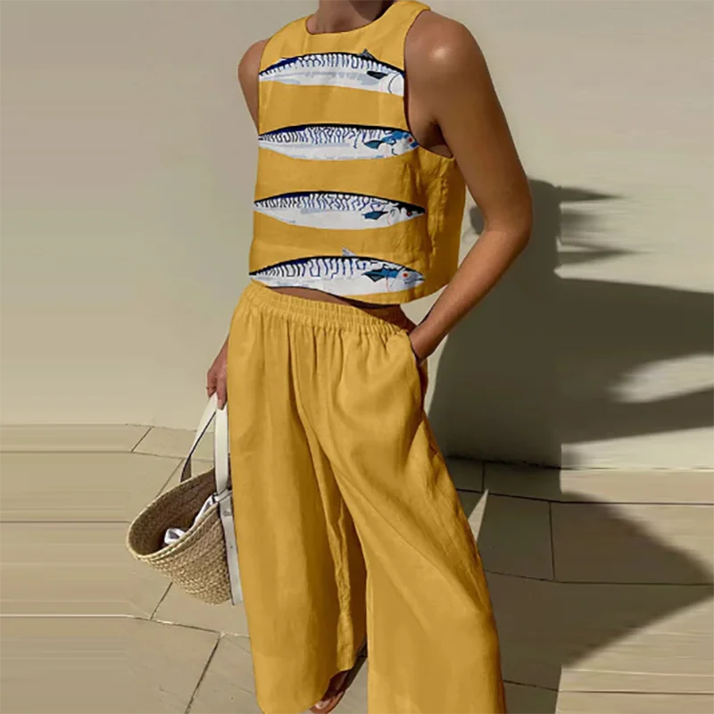 Casual Pocket Holiday Loose Outfit New Summer Pattern Printed Women's Two Piece Fashion O Neck Sleeveless Top and Long Pants Set
Casual Pocket Holiday Loose Outfit New Summer Pattern Printed Women's Two Piece Fashion O Neck Sleeveless Top and Long Pants Set