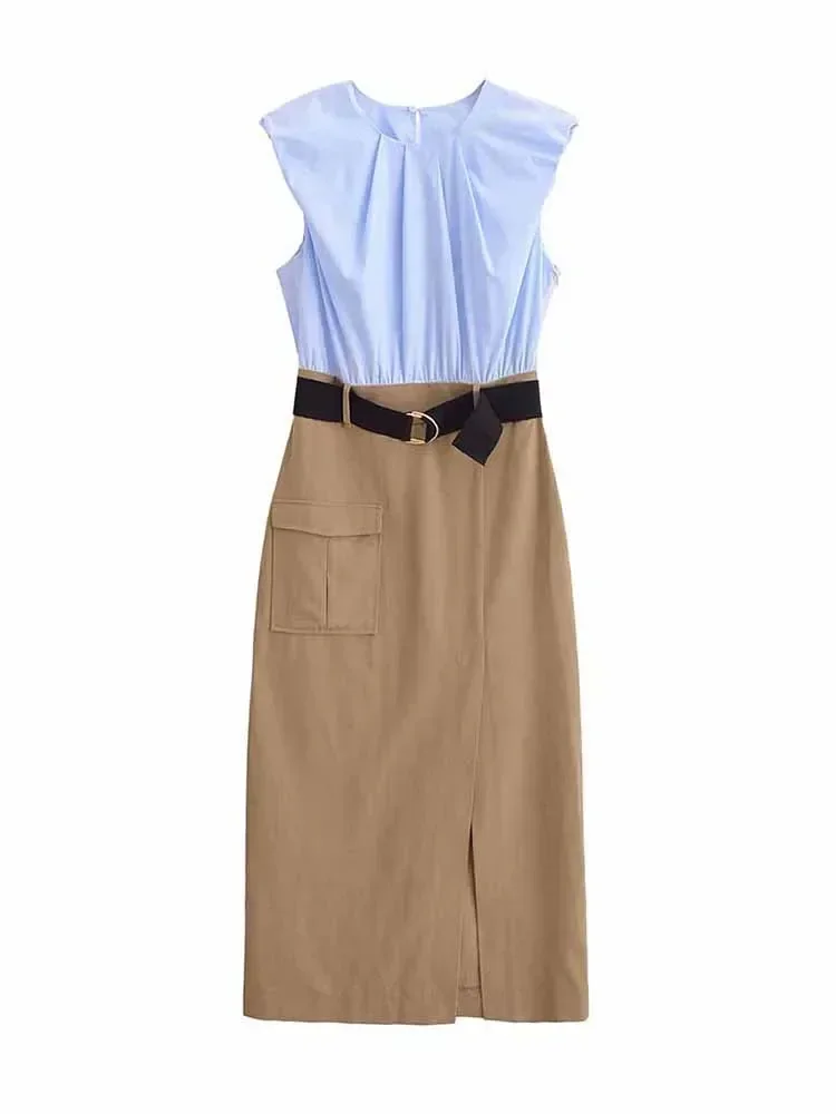 Women's 2024 New Fashion With Belt Pocket Decoration Slim Fit Contrast O Neck Midi Dress Retro Sleeveless Women's Dress Z0230
Women's 2024 New Fashion With Belt Pocket Decoration Slim Fit Contrast O Neck Midi Dress Retro Sleeveless Women's Dress Z0230