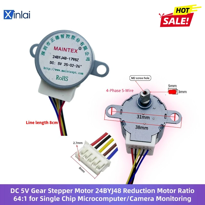 4-Phase 5-Wire DC Gear Stepper Motor 5V 24BYJ48 Reduction Motor Ratio 64:1 for Single Chip Microcomputer/Camera Monitoring
4-Phase 5-Wire DC Gear Stepper Motor 5V 24BYJ48 Reduction Motor Ratio 64:1 for Single Chip Microcomputer/Camera Monitoring