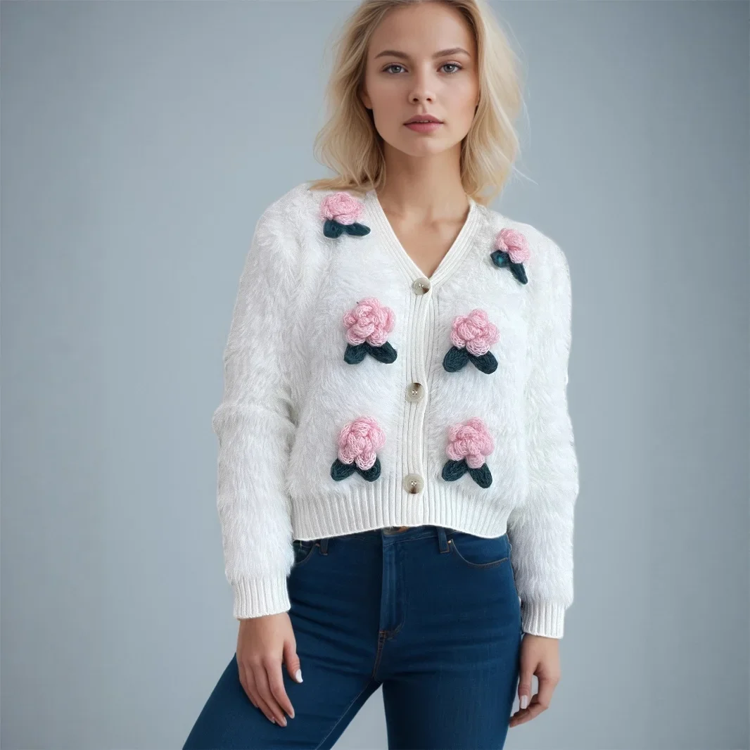 New 3D Flower Knitted Cardigan Women Sweet Cute Korean V-Neck Sweater CoatAutumn Winter Gentle Style Knitted Cardigan
New 3D Flower Knitted Cardigan Women Sweet Cute Korean V-Neck Sweater CoatAutumn Winter Gentle Style Knitted Cardigan