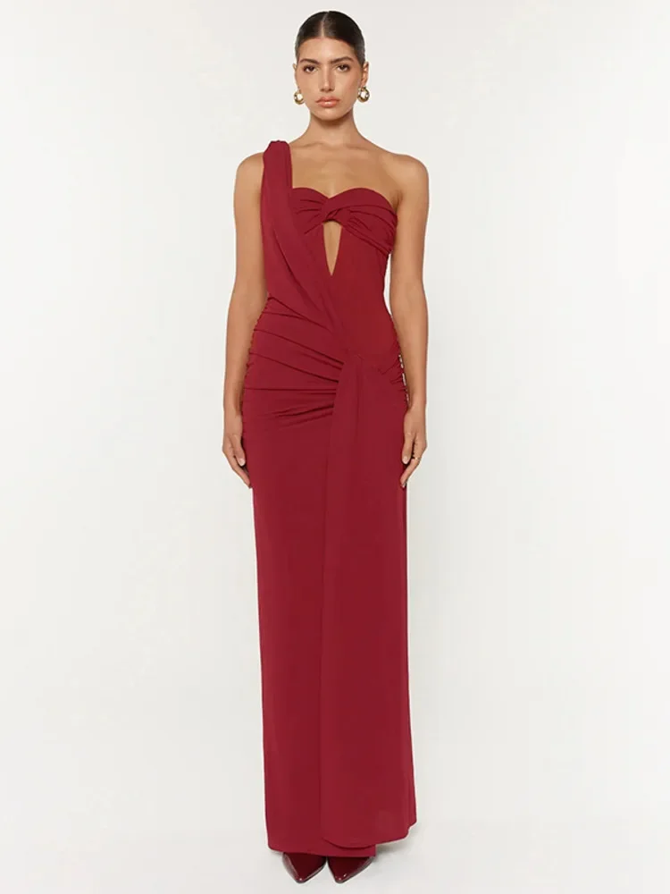 One Shoulder Backless Sexy Maxi Dress Women Red Hollow Out Sleeveless Thigh High Split Ruched Club Party Long Dress 
One Shoulder Backless Sexy Maxi Dress Women Red Hollow Out Sleeveless Thigh High Split Ruched Club Party Long Dress