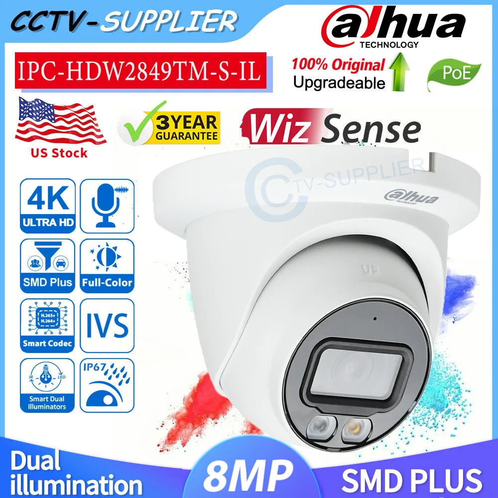 Dahua Full-Color 4K 8MP IPC-HDW2849TM-S-IL Turret WizSense POE SMD Plus IP Camera IR MIC SD Slot IVS Smart Dual Light
Dahua Full-Color 4K 8MP IPC-HDW2849TM-S-IL Turret WizSense POE SMD Plus IP Camera IR MIC SD Slot IVS Smart Dual Light