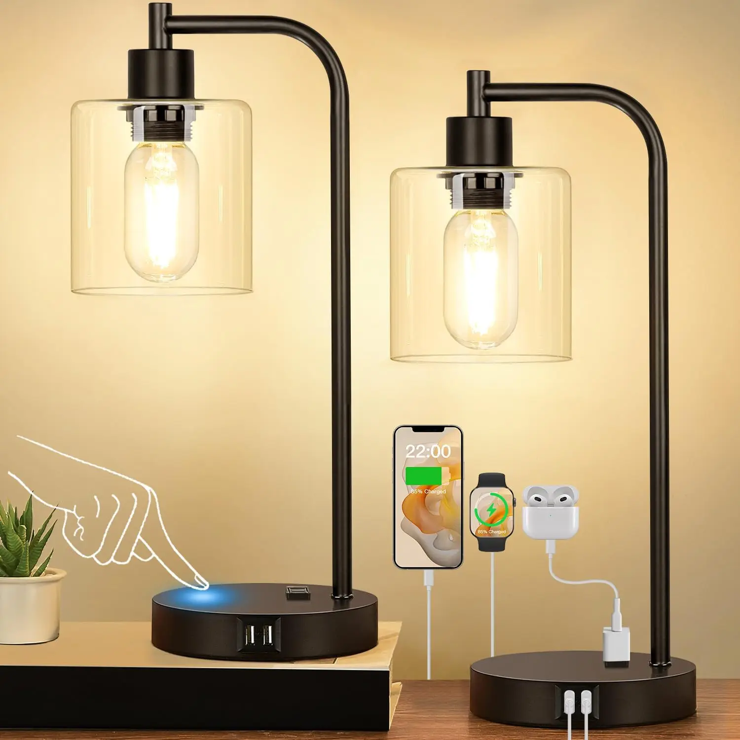Set of 2 Touch Control Table Lamps with USB-C+A & AC Outlet, 3-Way Dimmable Black Bedside Lamps with Glass Shade & 2 LED Bulbs
Set of 2 Touch Control Table Lamps with USB-C+A & AC Outlet, 3-Way Dimmable Black Bedside Lamps with Glass Shade & 2 LED Bulbs