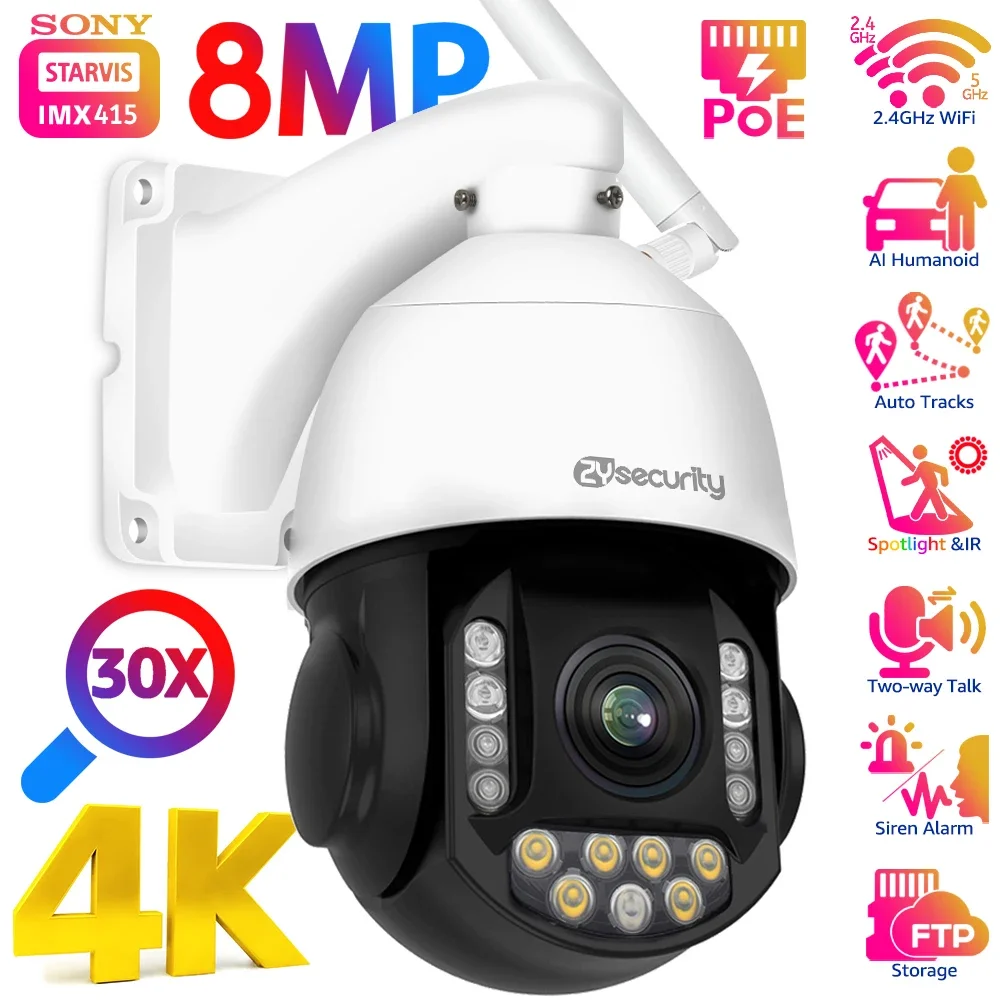 4K 8MP WiFi POE PTZ 30-кратный зум IP-камера Sony IMX415 Цветная камера ночного видения с автоматическим отслеживанием и автоматическим зумом Скоростные купольные камеры безопасности CamHi
4K 8MP WiFi POE PTZ 30-кратный зум IP-камера Sony IMX415 Цветная камера ночного видения с автоматическим отслеживанием и автоматическим зумом Скоростные купольные камеры безопасности CamHi