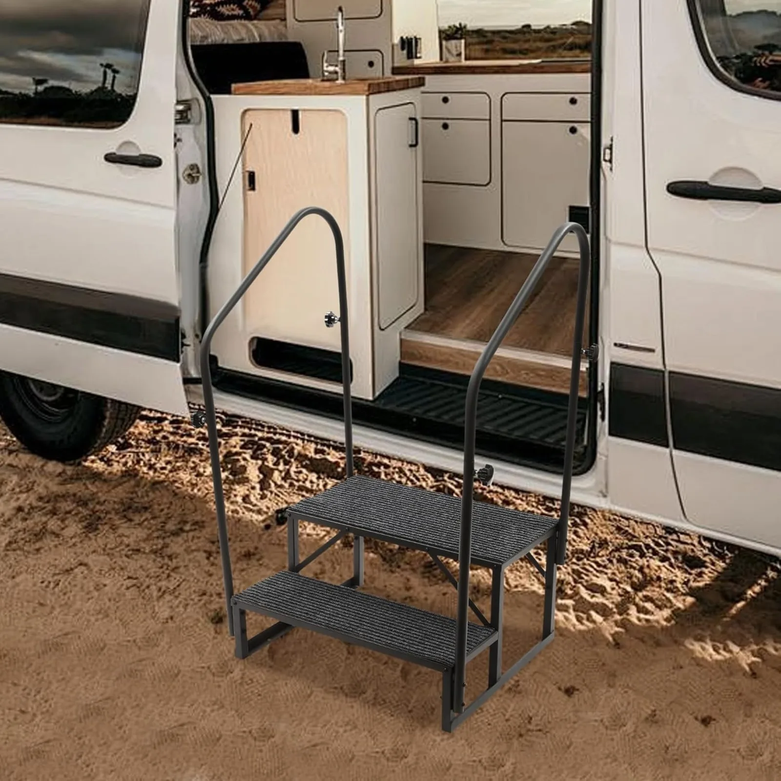 2-Step Portable RV Steel Stairs Anti-Slip Ladder with Double Handrails for Camper Pool Access
2-Step Portable RV Steel Stairs Anti-Slip Ladder with Double Handrails for Camper Pool Access