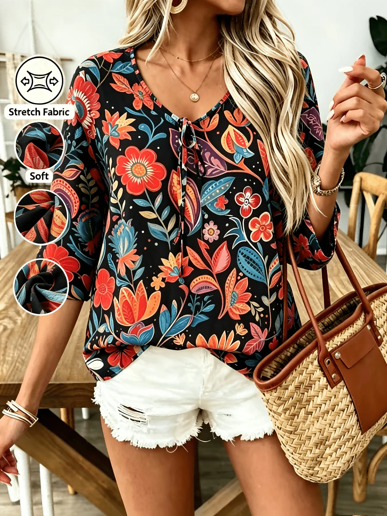 Vibrant Tropical Floral Print Stretch Tie Front Blouse, Soft Ruffled Half Sleeve Loose Shirt, Ladies Summer Outdoor Relaxed Top
Vibrant Tropical Floral Print Stretch Tie Front Blouse, Soft Ruffled Half Sleeve Loose Shirt, Ladies Summer Outdoor Relaxed Top