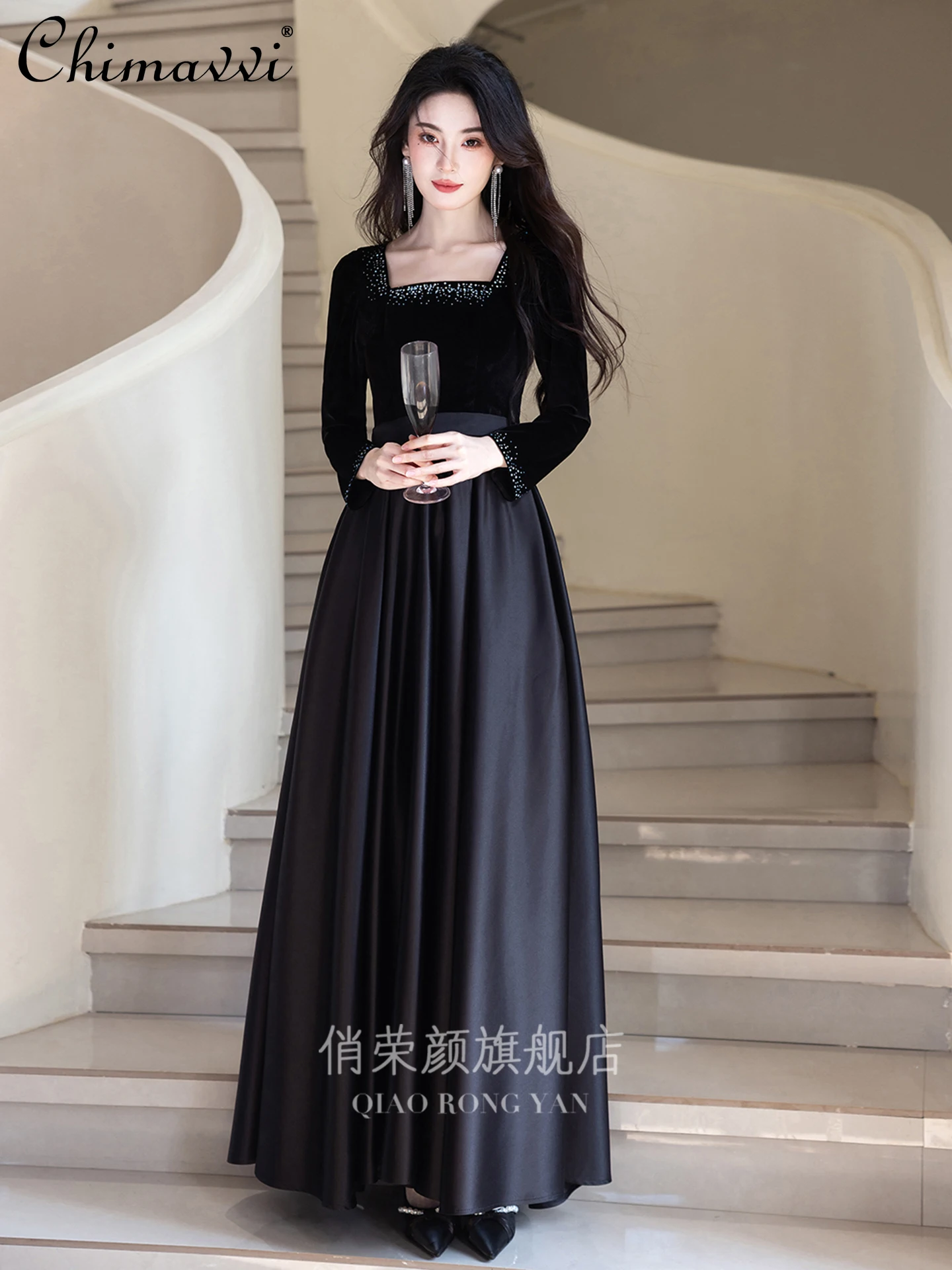 French Elegant Black Evening Dress Diamond Square Neck Long Sleeves High Waist Slim Fit A-line Long Party Dress Women Autumn
French Elegant Black Evening Dress Diamond Square Neck Long Sleeves High Waist Slim Fit A-line Long Party Dress Women Autumn