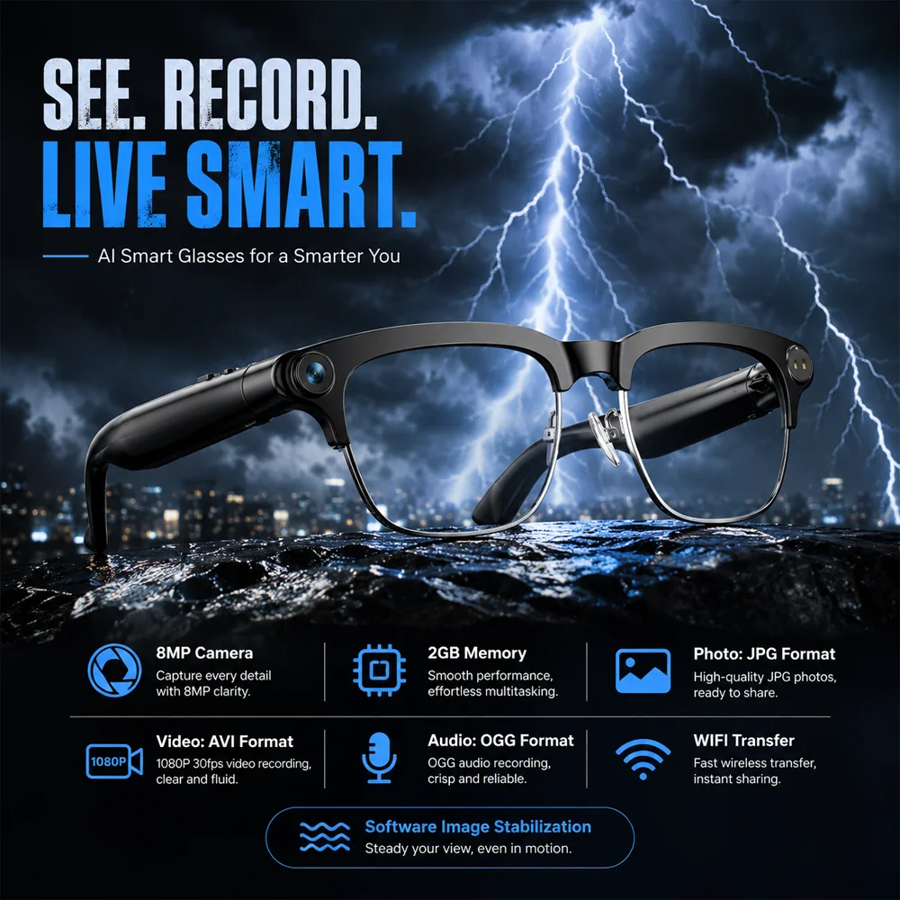 2026 New AI Smart Glasses 8MP Photo Video Recording Bluetooth Calling WiFi Transfer ENC Noise Reduction 300mAh 2H Charge
2026 New AI Smart Glasses 8MP Photo Video Recording Bluetooth Calling WiFi Transfer ENC Noise Reduction 300mAh 2H Charge