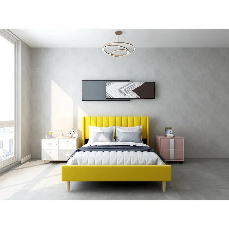# French Yellow Linen Up-holstered Beds king Queen Size Bed Room Furniture Modern Bed for Children
# French Yellow Linen Up-holstered Beds king Queen Size Bed Room Furniture Modern Bed for Children