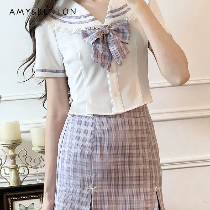 Japanese Jk Uniform Original Design Summer Navy Collar White Short Sleeved Top Purple Hip Wrapped Plaid Skirt Slim Fit Suit Girl
Japanese Jk Uniform Original Design Summer Navy Collar White Short Sleeved Top Purple Hip Wrapped Plaid Skirt Slim Fit Suit Girl