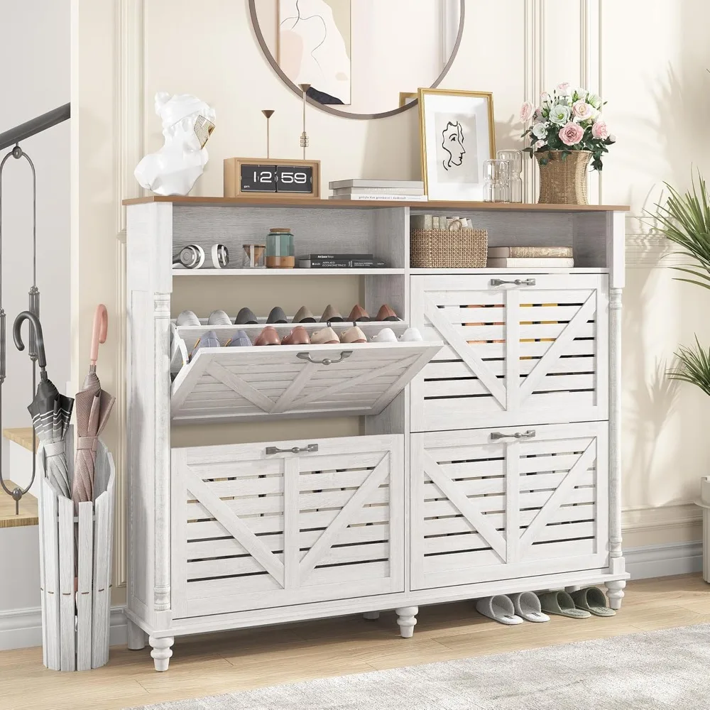 Large Shoe Cabinet with 4 Flip Drawers, Freestanding Shoe Organizer with 6 Solid Wood Legs for Entryway, Open Storage, Narrow E
Large Shoe Cabinet with 4 Flip Drawers, Freestanding Shoe Organizer with 6 Solid Wood Legs for Entryway, Open Storage, Narrow E